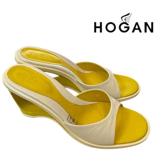 NEW HOGAN Women's Wedge Slipper Slide Leather Yellow White Sandals 39 9 - Picture 2 of 8